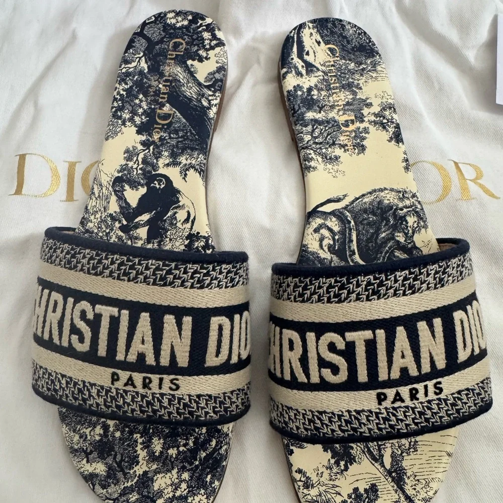 Dior Dway Toile de Jouy Slides Sandals | Size 38 | New With Tags + Box - Picture 2 of 9